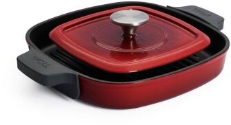 Woll Guss-Grillpfanne Iron mit Rillen und Steakpresse, Chili Red