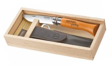 Opinel Messer, Größe 8, nicht rostfrei, Etui, in Holzbox